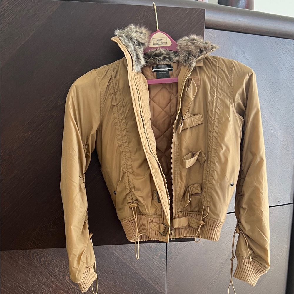 Tan Fur-Trimmed Hooded Jacket